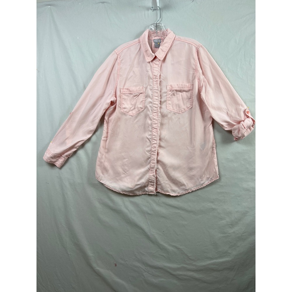 Chico's Button Down Shirt Women 2 L Pink Tencel Lyocell Roll Tab Fringe Trim